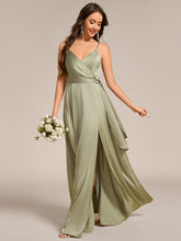 Load image into Gallery viewer, Color=Sage Green | Elegant Floor-Length Spaghetti Straps Split Satin Bridesmaid Dress with Streamer-Sage Green 9