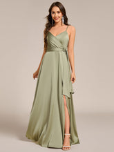Load image into Gallery viewer, Color=Sage Green | Elegant Floor-Length Spaghetti Straps Split Satin Bridesmaid Dress with Streamer-Sage Green 6