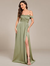 Load image into Gallery viewer, Color=Sage Green | Off Shoulder Short Sleeves Pleated A-Line Floor-Length Bridesmaid Dress-Sage Green 5