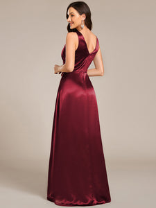 Color=Burgundy | Elegant Deep V-Neck Floor Length Empire Waist Satin Bridesmaid Dresses with Pockets-Burgundy 32