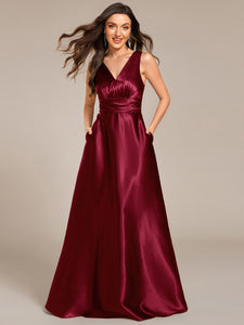 Color=Burgundy | Elegant Deep V-Neck Floor Length Empire Waist Satin Bridesmaid Dresses with Pockets-Burgundy 34