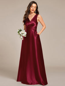 Color=Burgundy | Elegant Deep V-Neck Floor Length Empire Waist Satin Bridesmaid Dresses with Pockets-Burgundy 35