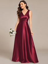 Load image into Gallery viewer, Color=Burgundy | Elegant Deep V-Neck Floor Length Empire Waist Satin Bridesmaid Dresses with Pockets-Burgundy 31