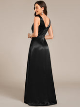 Load image into Gallery viewer, Color=Black | Elegant Deep V-Neck Floor Length Empire Waist Satin Bridesmaid Dresses with Pockets-Black 2