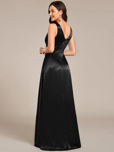 Color=Black | Elegant Deep V-Neck Floor Length Empire Waist Satin Bridesmaid Dresses with Pockets-Black 2