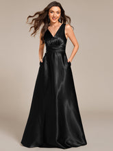 Load image into Gallery viewer, Color=Black | Elegant Deep V-Neck Floor Length Empire Waist Satin Bridesmaid Dresses with Pockets-Black 3