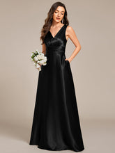 Load image into Gallery viewer, Color=Black | Elegant Deep V-Neck Floor Length Empire Waist Satin Bridesmaid Dresses with Pockets-Black 4