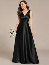 Load image into Gallery viewer, Color=Black | Elegant Deep V-Neck Floor Length Empire Waist Satin Bridesmaid Dresses with Pockets-Black 1