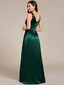 Color=Dark Green | Elegant Deep V-Neck Floor Length Empire Waist Satin Bridesmaid Dresses with Pockets-Dark Green 37