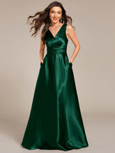 Load image into Gallery viewer, Color=Dark Green | Elegant Deep V-Neck Floor Length Empire Waist Satin Bridesmaid Dresses with Pockets-Dark Green 39