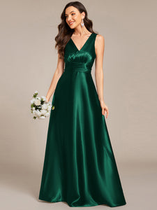 Color=Dark Green | Elegant Deep V-Neck Floor Length Empire Waist Satin Bridesmaid Dresses with Pockets-Dark Green 36