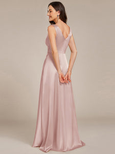 Color=Mauve | Elegant Deep V-Neck Floor Length Empire Waist Satin Bridesmaid Dresses with Pockets-Mauve 27