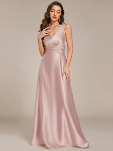 Color=Mauve | Elegant Deep V-Neck Floor Length Empire Waist Satin Bridesmaid Dresses with Pockets-Mauve 29