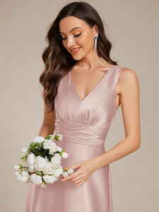 Color=Mauve | Elegant Deep V-Neck Floor Length Empire Waist Satin Bridesmaid Dresses with Pockets-Mauve 30