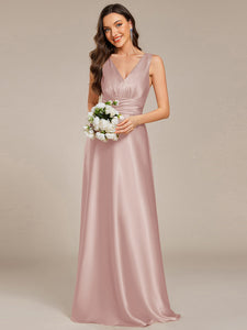 Color=Mauve | Elegant Deep V-Neck Floor Length Empire Waist Satin Bridesmaid Dresses with Pockets-Mauve 26