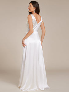 Color=White | Elegant Deep V-Neck Floor Length Empire Waist Satin Bridesmaid Dresses with Pockets-White 7