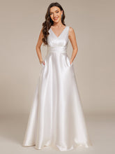 Load image into Gallery viewer, Color=White | Elegant Deep V-Neck Floor Length Empire Waist Satin Bridesmaid Dresses with Pockets-White 8