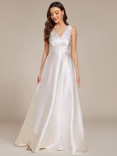 Load image into Gallery viewer, Color=White | Elegant Deep V-Neck Floor Length Empire Waist Satin Bridesmaid Dresses with Pockets-White 9