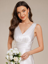 Load image into Gallery viewer, Color=White | Elegant Deep V-Neck Floor Length Empire Waist Satin Bridesmaid Dresses with Pockets-White 10