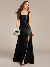Load image into Gallery viewer, Color=Black | Elegant Bodycon Split Fishtail Floor Length Satin Bridesmaid Dresses with Regular Fold Stream-Black 1