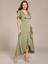 Load image into Gallery viewer, Color=Sage Green | Short Sleeve Ruffled V-Neck Asymmetrical Hem Midi Bridesmaid Dress-Sage Green 9