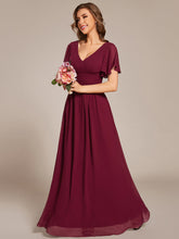 Load image into Gallery viewer, Color=Burgundy | Ruffles Sleeves Chiffon Bridesmaid Dresses with Back Frenulum Knotting-Burgundy 4