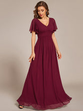 Load image into Gallery viewer, Color=Burgundy | Ruffles Sleeves Chiffon Bridesmaid Dresses with Back Frenulum Knotting-Burgundy 5