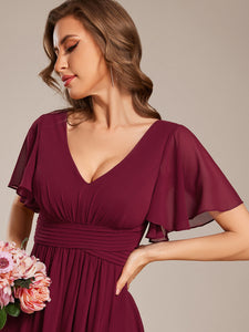 Color=Burgundy | Ruffles Sleeves Chiffon Bridesmaid Dresses with Back Frenulum Knotting-Burgundy 3