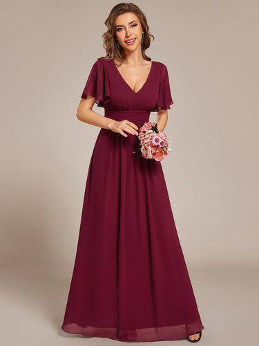 Color=Burgundy | Ruffles Sleeves Chiffon Bridesmaid Dresses with Back Frenulum Knotting-Burgundy 1