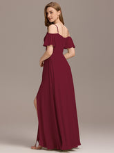 Load image into Gallery viewer, Color=Burgundy | Short Sleeve Off Shoulder Pleated A-Line Split Floor-Length Bridesmaid Dresses-Burgundy 2