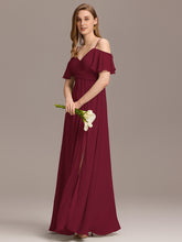 Load image into Gallery viewer, Color=Burgundy | Short Sleeve Off Shoulder Pleated A-Line Split Floor-Length Bridesmaid Dresses-Burgundy 4