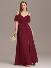 Load image into Gallery viewer, Color=Burgundy | Short Sleeve Off Shoulder Pleated A-Line Split Floor-Length Bridesmaid Dresses-Burgundy 5