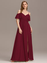 Load image into Gallery viewer, Color=Burgundy | Short Sleeve Off Shoulder Pleated A-Line Split Floor-Length Bridesmaid Dresses-Burgundy 1