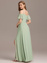 Load image into Gallery viewer, Color=Mint Green | Short Sleeve Off Shoulder Pleated A-Line Split Floor-Length Bridesmaid Dresses-Mint Green 8