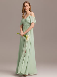 Color=Mint Green | Short Sleeve Off Shoulder Pleated A-Line Split Floor-Length Bridesmaid Dresses-Mint Green 10