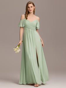 Color=Mint Green | Short Sleeve Off Shoulder Pleated A-Line Split Floor-Length Bridesmaid Dresses-Mint Green 11