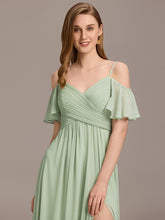 Load image into Gallery viewer, Color=Mint Green | Short Sleeve Off Shoulder Pleated A-Line Split Floor-Length Bridesmaid Dresses-Mint Green 9