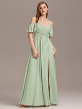 Load image into Gallery viewer, Color=Mint Green | Short Sleeve Off Shoulder Pleated A-Line Split Floor-Length Bridesmaid Dresses-Mint Green 7
