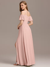 Load image into Gallery viewer, Color=Pink | Short Sleeve Off Shoulder Pleated A-Line Split Floor-Length Bridesmaid Dresses-Pink 13