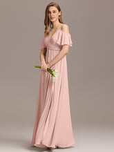 Load image into Gallery viewer, Color=Pink | Short Sleeve Off Shoulder Pleated A-Line Split Floor-Length Bridesmaid Dresses-Pink 15