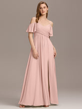 Load image into Gallery viewer, Color=Pink | Short Sleeve Off Shoulder Pleated A-Line Split Floor-Length Bridesmaid Dresses-Pink 12