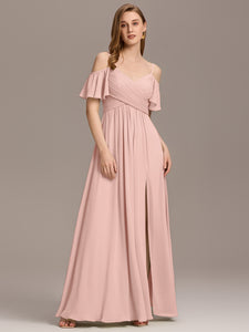 Color=Pink | Short Sleeve Off Shoulder Pleated A-Line Split Floor-Length Bridesmaid Dresses-Pink 12