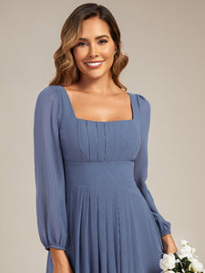 Color=Dusty Blue | Volume Discounts Long Sleeve Ruched A-Line Maxi Dress with Square Neck | Bridesmaid Dresses-Dusty Blue 23