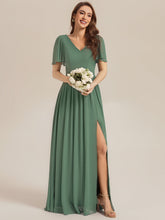Load image into Gallery viewer, Color=Eucalyptus | Factory Design Short Sleeve V-Neck Backless A-Line Floor Length Bridesmaid Dresses-Eucalyptus 5