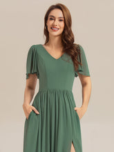 Load image into Gallery viewer, Color=Eucalyptus | Factory Design Short Sleeve V-Neck Backless A-Line Floor Length Bridesmaid Dresses-Eucalyptus 3