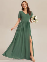 Load image into Gallery viewer, Color=Eucalyptus | Factory Design Short Sleeve V-Neck Backless A-Line Floor Length Bridesmaid Dresses-Eucalyptus 1