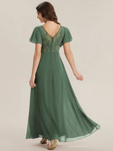 Load image into Gallery viewer, Color=Eucalyptus | B2B-Exclusive Short Sleeve V-Neck A-Line Floor Length Dress with Thigh-High Slit, Bridesmaid Dresses-Eucalyptus 2
