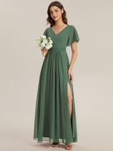 Load image into Gallery viewer, Color=Eucalyptus | B2B-Exclusive Short Sleeve V-Neck A-Line Floor Length Dress with Thigh-High Slit, Bridesmaid Dresses-Eucalyptus 5