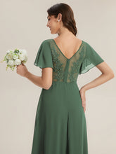 Load image into Gallery viewer, Color=Eucalyptus | B2B-Exclusive Short Sleeve V-Neck A-Line Floor Length Dress with Thigh-High Slit, Bridesmaid Dresses-Eucalyptus 3