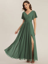 Load image into Gallery viewer, Color=Eucalyptus | B2B-Exclusive Short Sleeve V-Neck A-Line Floor Length Dress with Thigh-High Slit, Bridesmaid Dresses-Eucalyptus 1